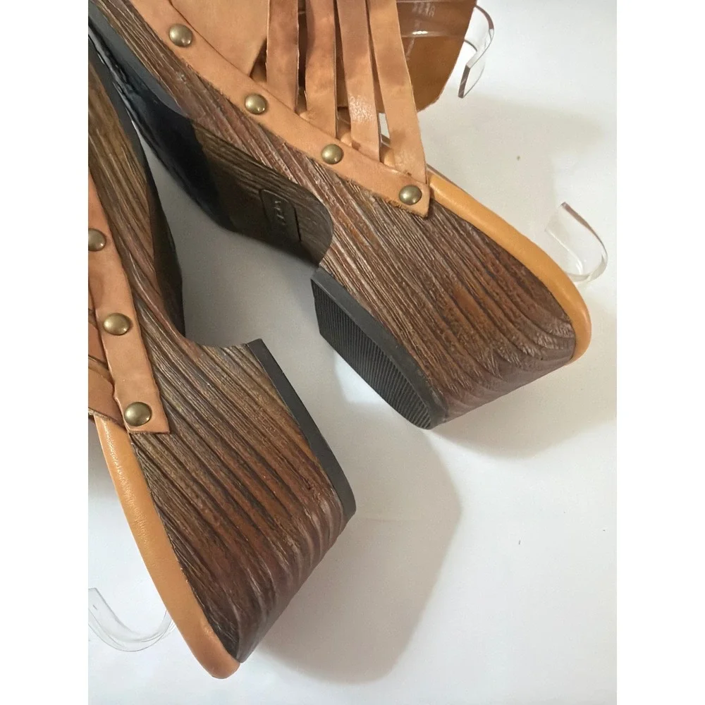 Korks by Kork-Ease Tan Woven Leather Wood Wedge Clogs Mules Size US 11 EU 43 - Picture 12 of 14